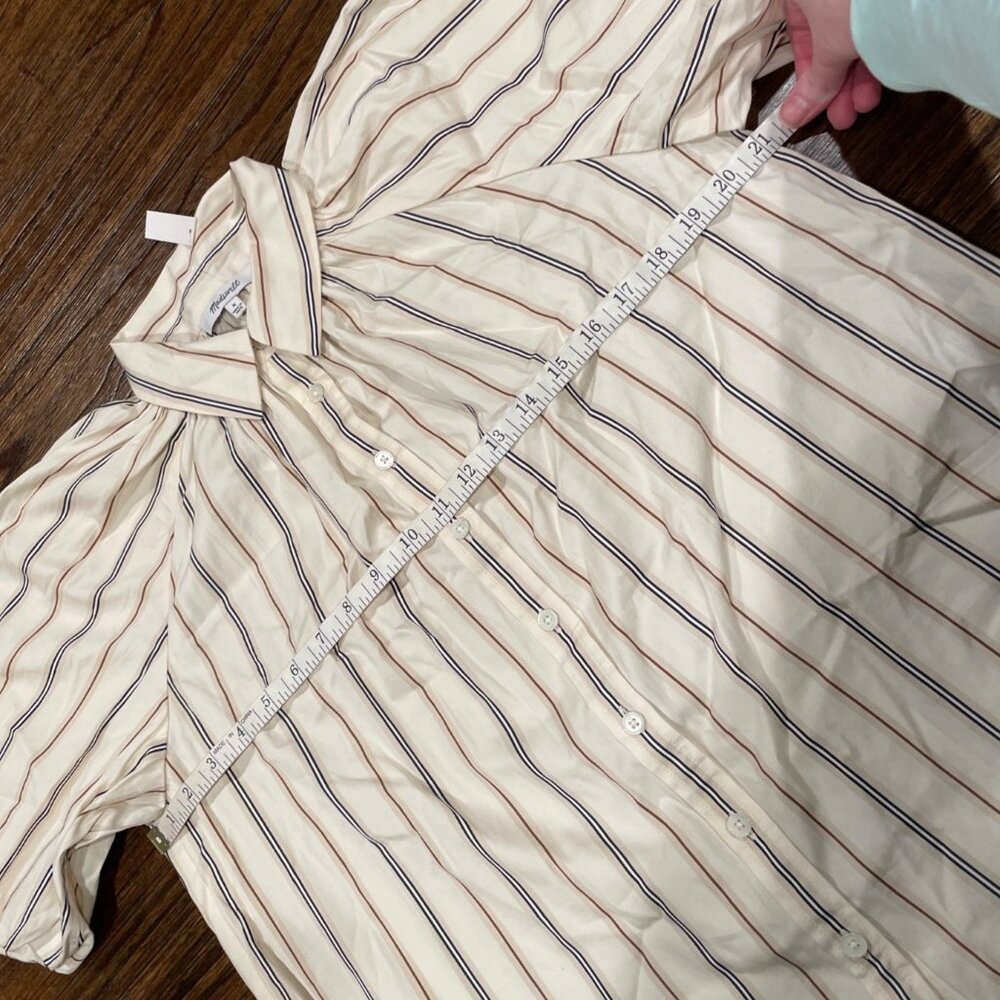 NWT Madewell Sz M Shirred Bubble-Sleeve Button-Up Shirt Poplin Coffee Tan Stripe - Picture 8 of 12
